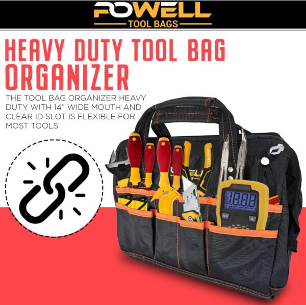 Tool Bag Organizer Heavy Duty with 14” Wide Mouth and Clear ID Slot