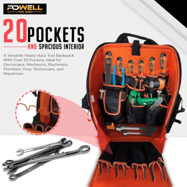 Tool Backpack Tool Bag for men, Heavy Duty, Tool Organizer, Over 20 Pockets and Spacious